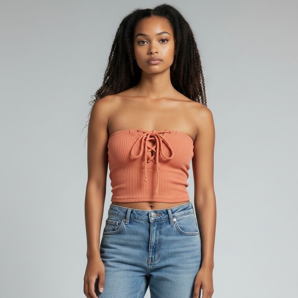 Fashion Nova Ribbed Lace-Up Strapless Summer Casual Crop Top Solid Orange M